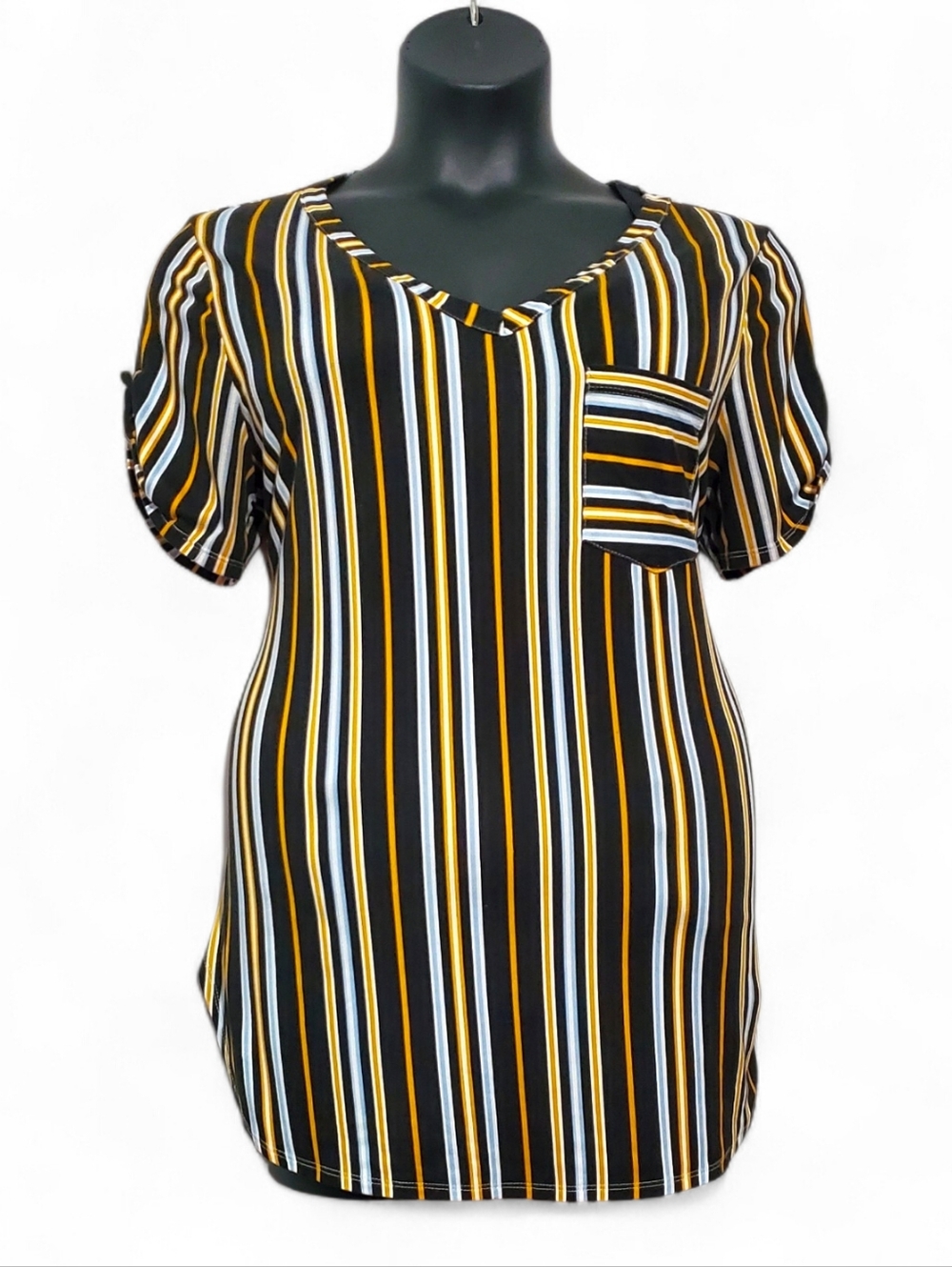 Striped V-Neck Pocket Tee - Black & Mustard